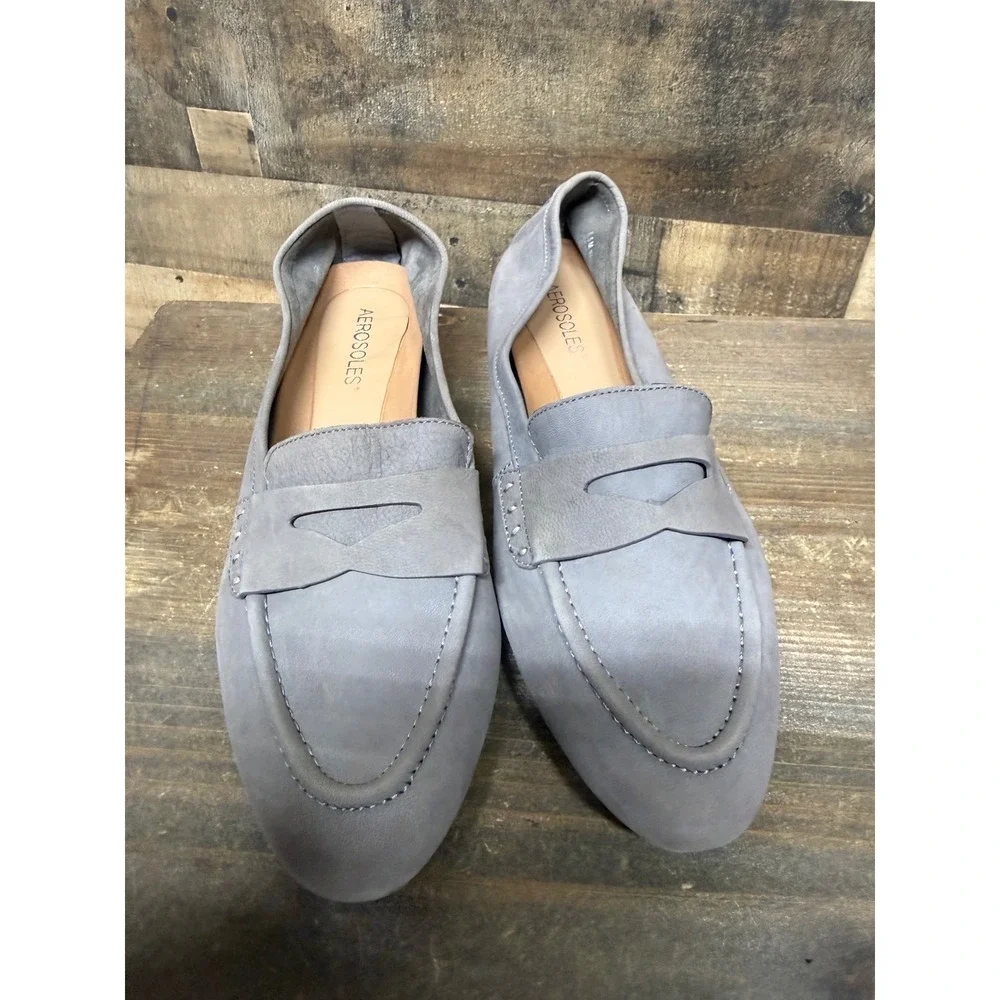 Aerosoles Map Out Grey Nubuck Leather Penny‎ Loafers Flats Womens 8.5 M